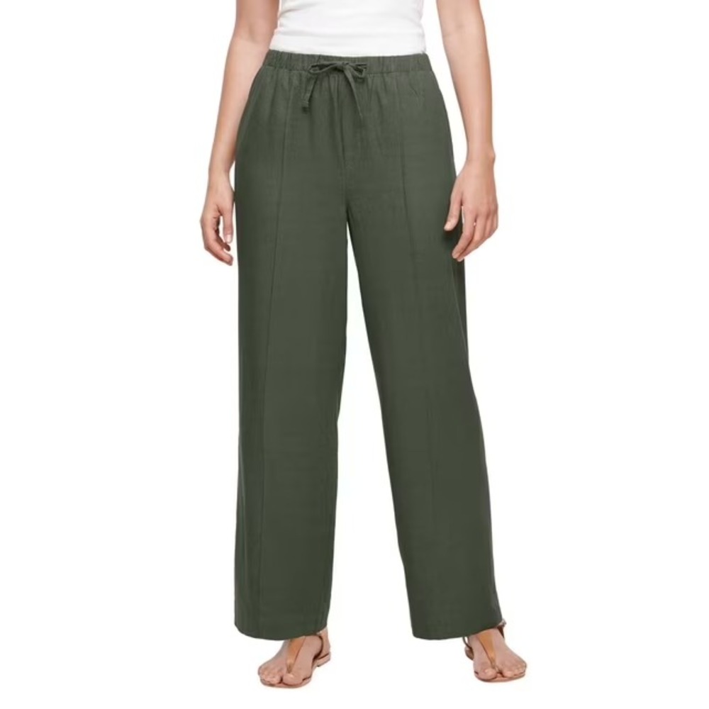Gap Womens Linen Blend Pull-On Wide-Leg Pants Olive Green Large NWT